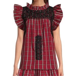 NWT J. Marie Rayna Embroidered Tartan Plaid Cap Sleeve Ruffle Neck Top Sz L